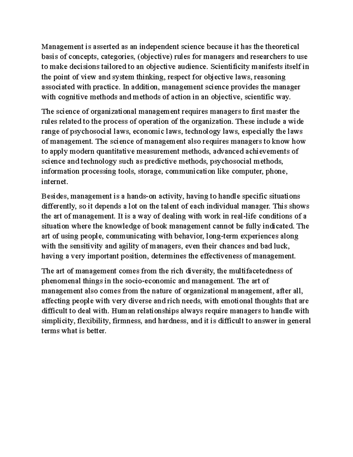 Art and science of managament - Management is asserted as an ...