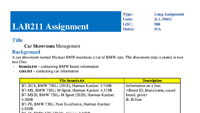 LAB211 Assignment J1: Car Showroom Management System - Studocu