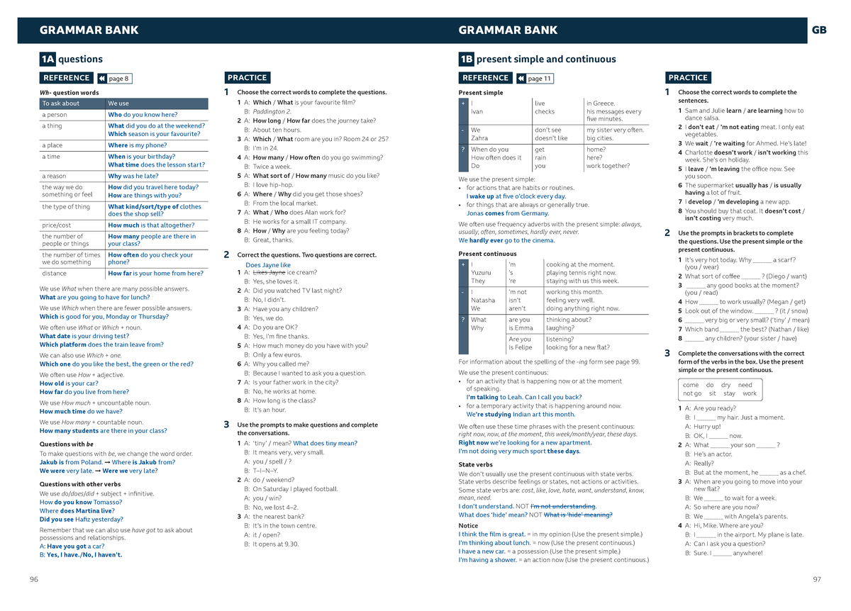 Grammar Bank 1A: Present Simple & Continuous - Question Words and Usage ...