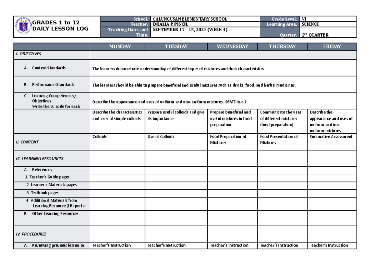 DLL Science-6 Q1 W3 - DAILY LESSON LOG FOR SCIENCE - GRADES 1 to 12 ...