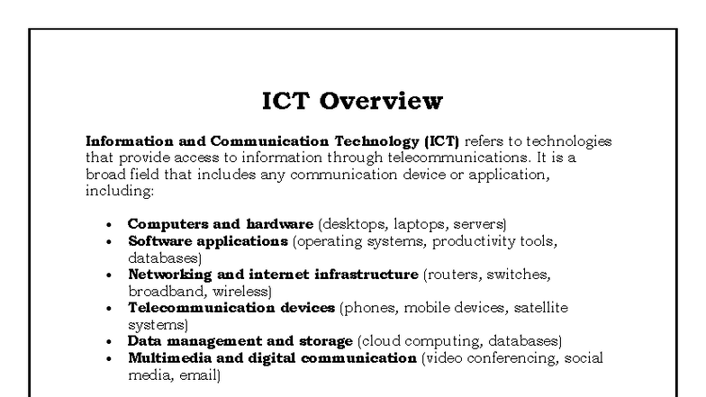 ICT Overview and Computer Systems: Key Concepts and Applications - Studocu