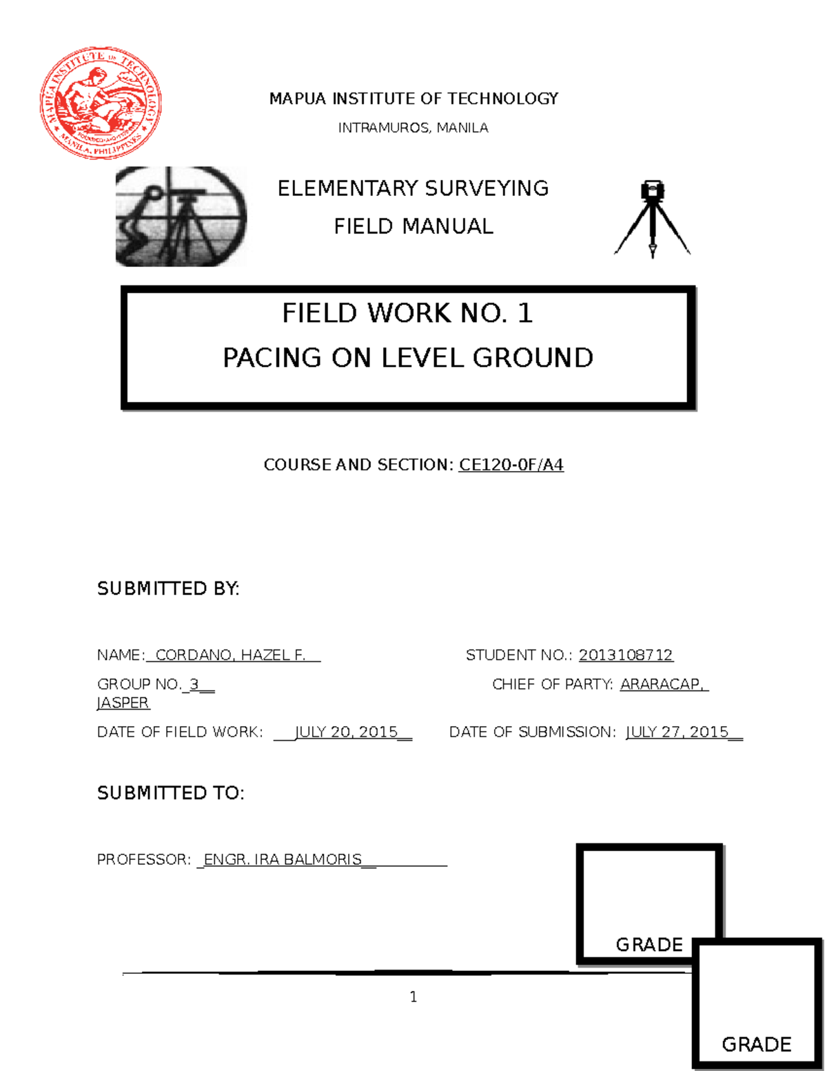 CE120-0F/A Elementary Surveying Field Work 1: Pacing Measurement Guide ...