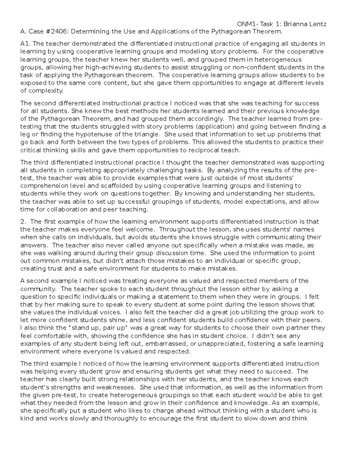 Task 1: A1 Case Study on Differentiated Instruction & Pythagorean ...