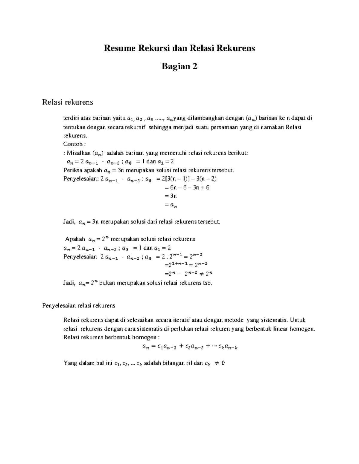 Resume: Relasi Rekurens dalam Matematika dan Solusinya - Studocu