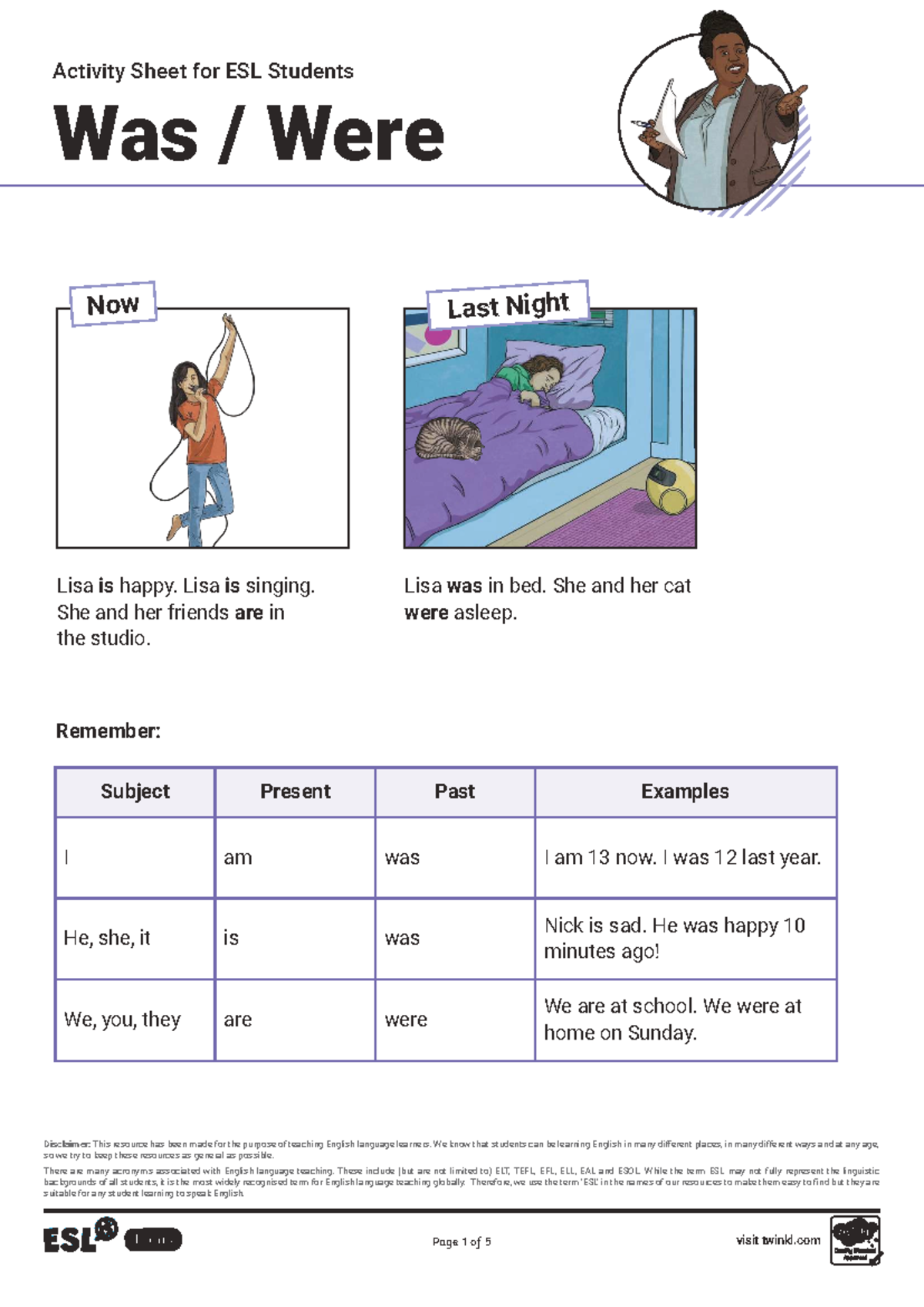 ESL Activity Sheet: Was/Were Exercises for Language Learners - Studocu