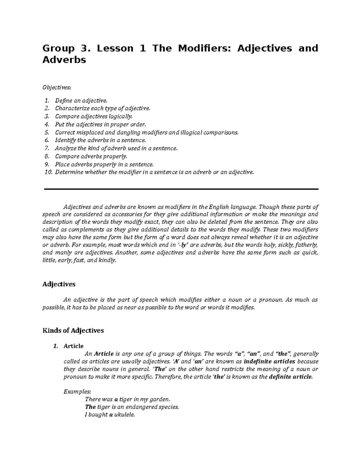 Group 3 Modifiers: Adjectives & Adverbs Lesson 1-4 Report - Studocu