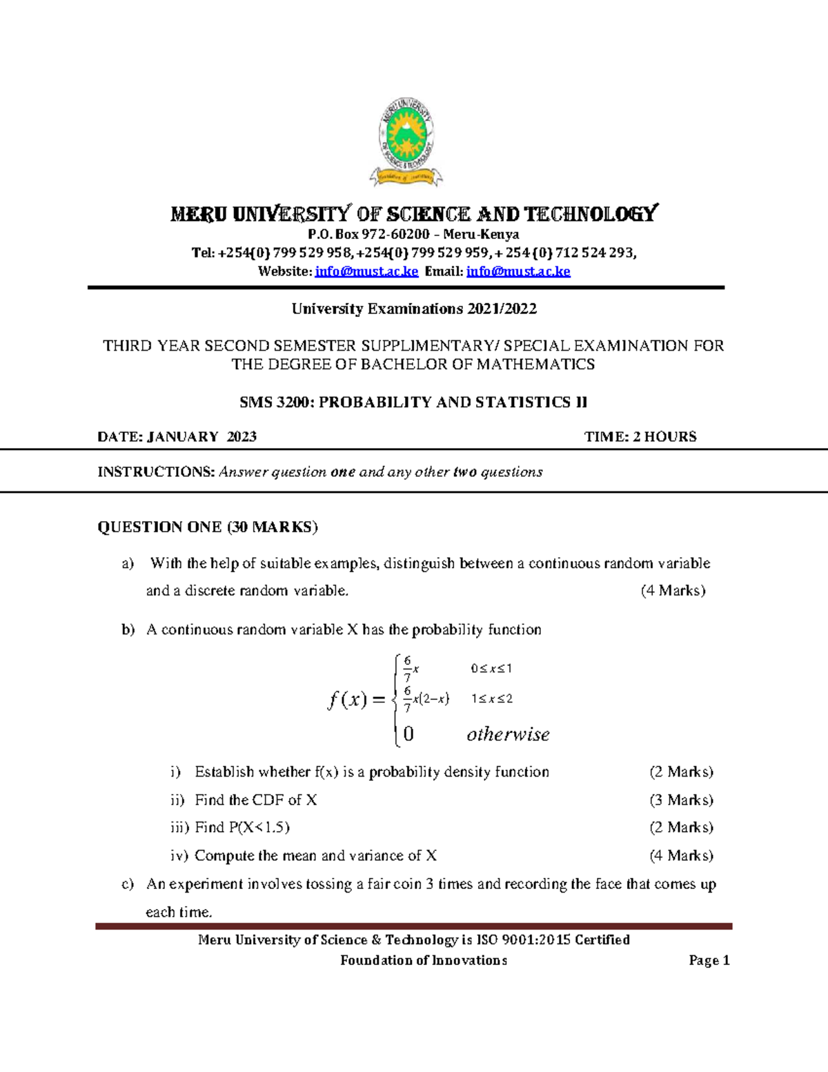 SMS 3200: Probability and Statistics II Special Exam Notes - Studocu