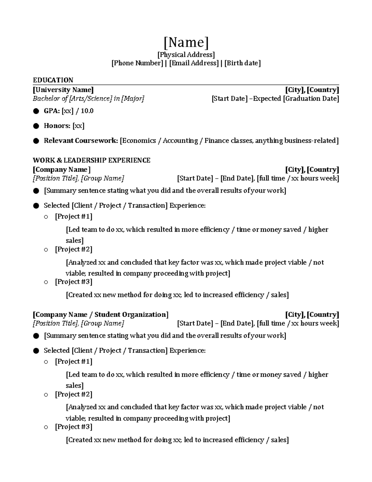 CV Template Standard for Job Applications and Internships - Studeersnel