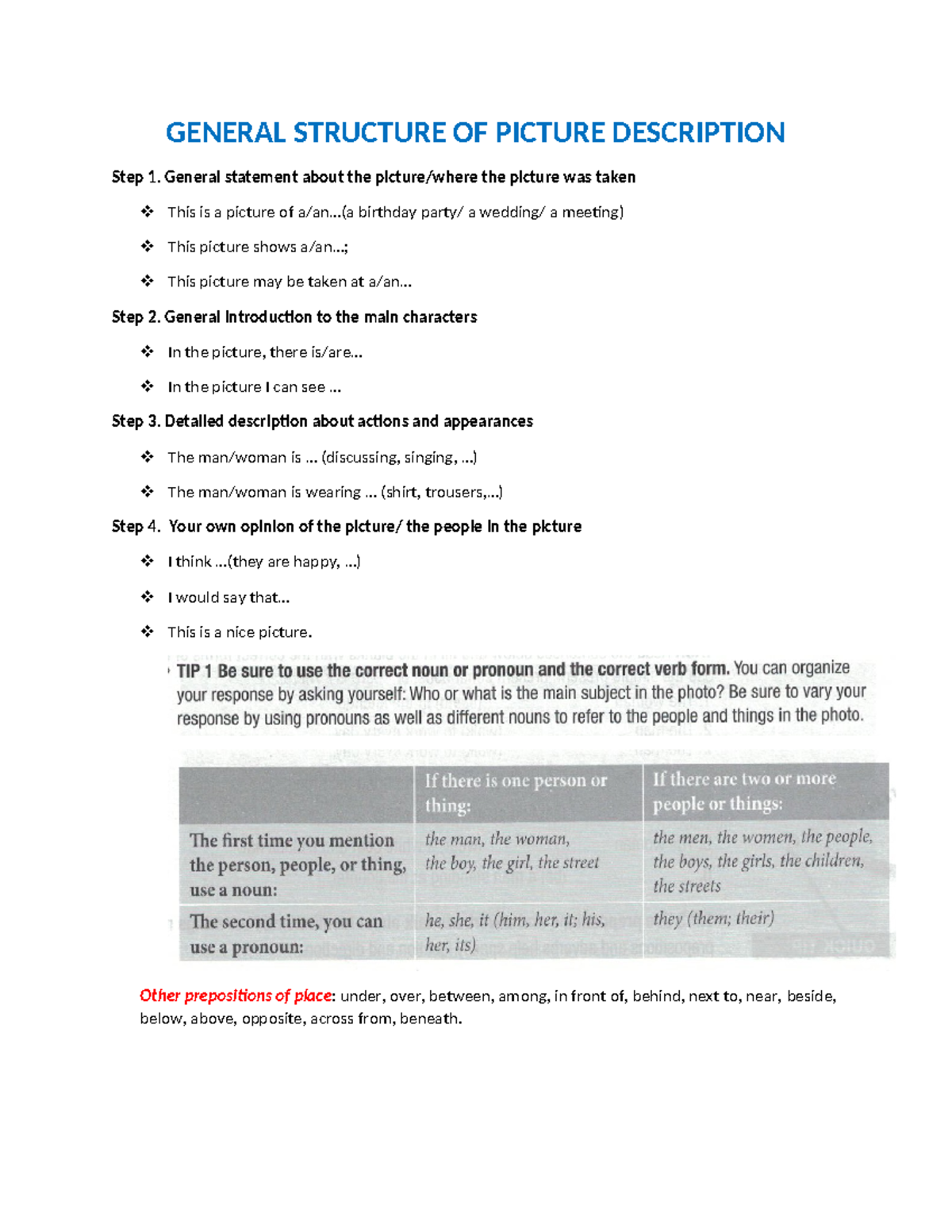 General Structure of Picture Description: Key Steps and Examples - Studocu