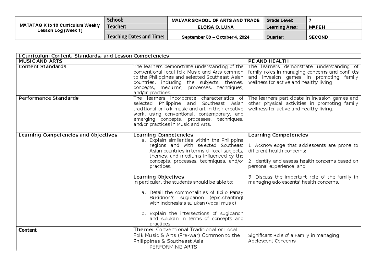 Q2-W1 - DLL - MATATAG K to 10 Curriculum Weekly Lesson Log (Week 1 ...