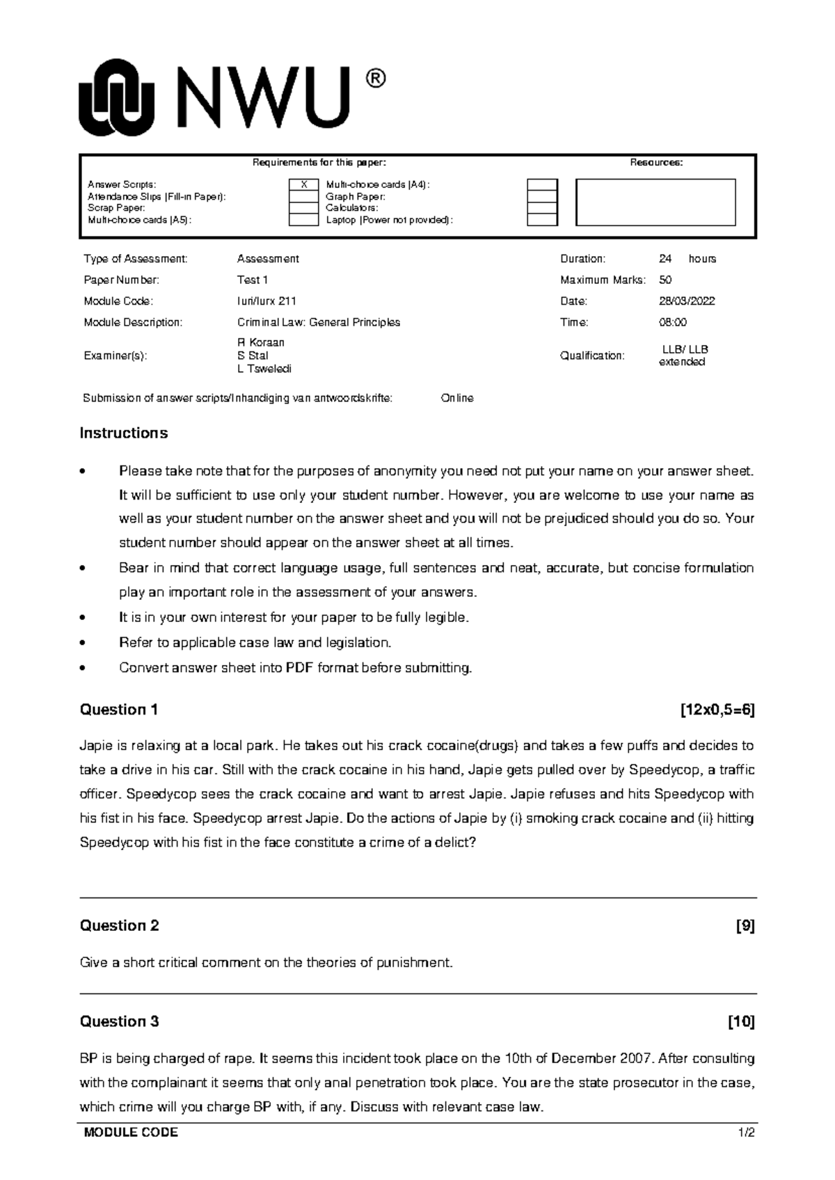 Test 1 IURI 211 -2022 unit 1 - 3 Criminal Law - IURI 211 - NWU - Studocu