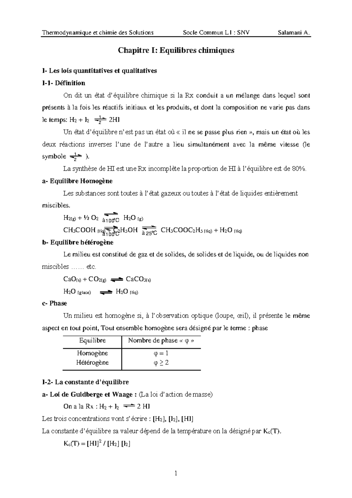 Cours thermodynamique et chimie des solutions Salamani A - Chapitre I ...