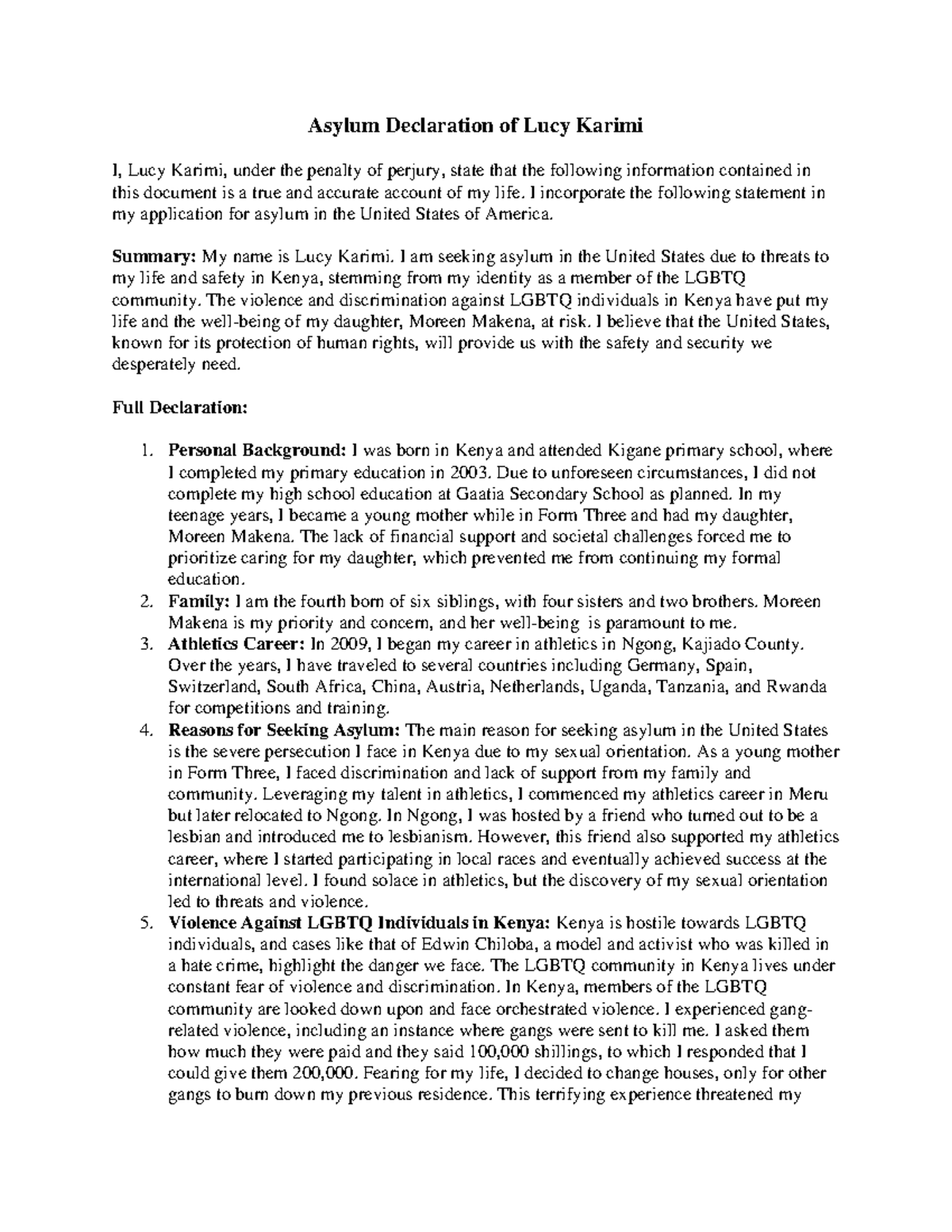 Asylum Declaration of Lucy Karimi - I incorporate the following ...