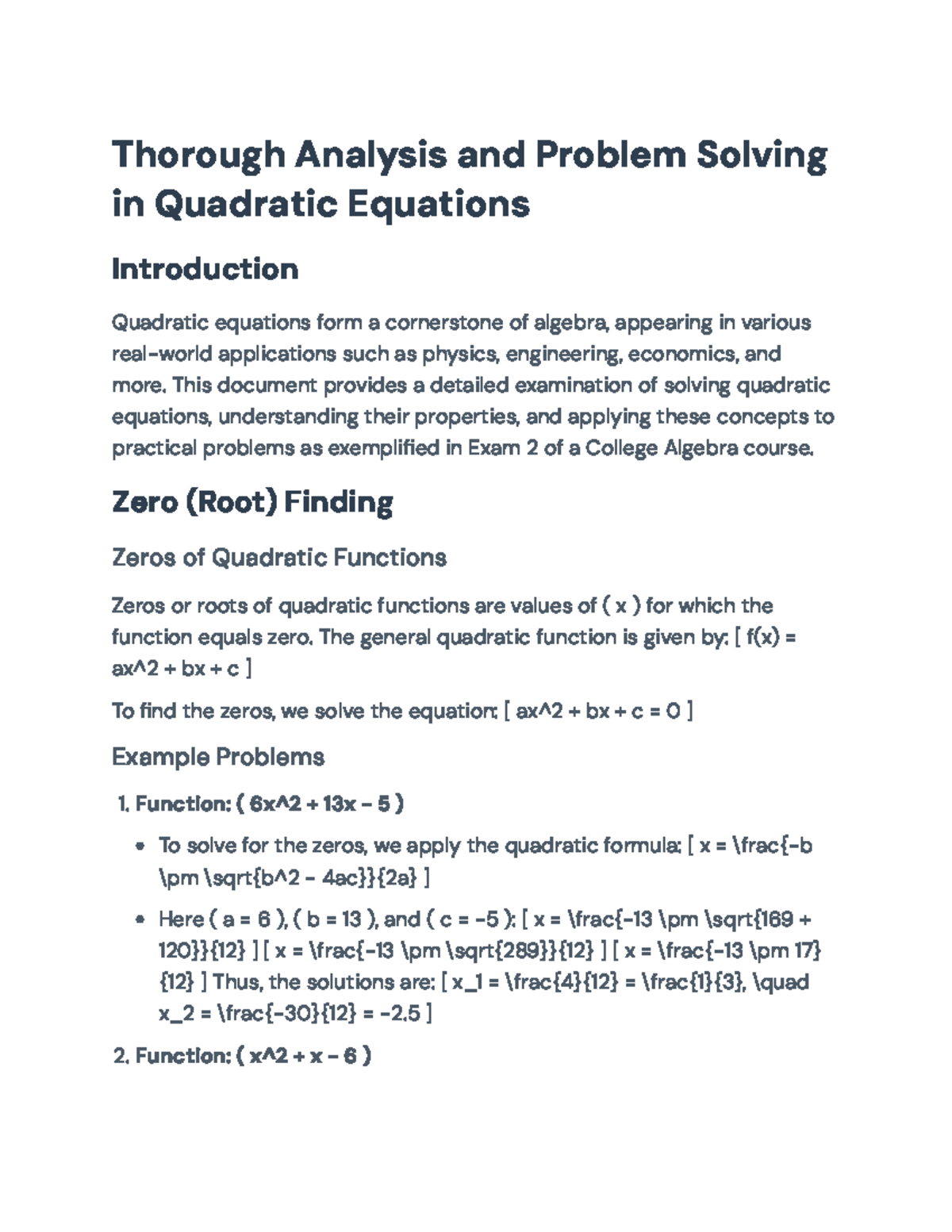 Thorough Analysis of Quadratic Equations for College Algebra Exam 2 ...