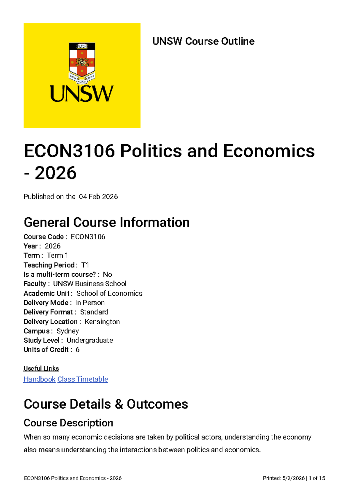 Course Outline: ECON3106 Politics and Economics - Term 1, 2026 - Studocu