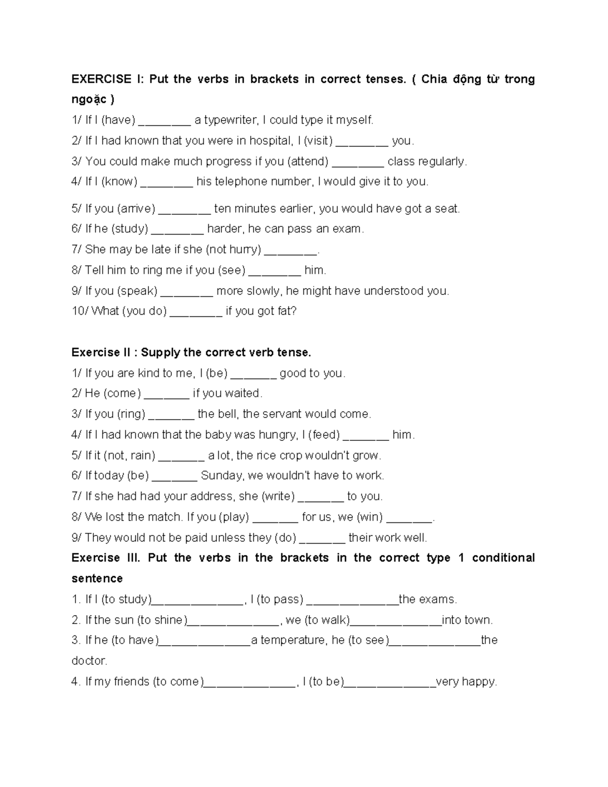 Bài Tập Câu Điều Kiện - DFd df: Exercise on Conditional Sentences - Studocu