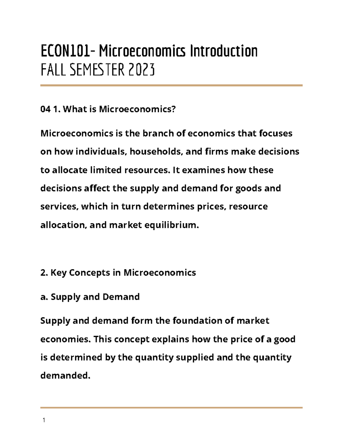 ECON101 Class Notes: Introduction to Microeconomics - Fall 2023 - Studocu