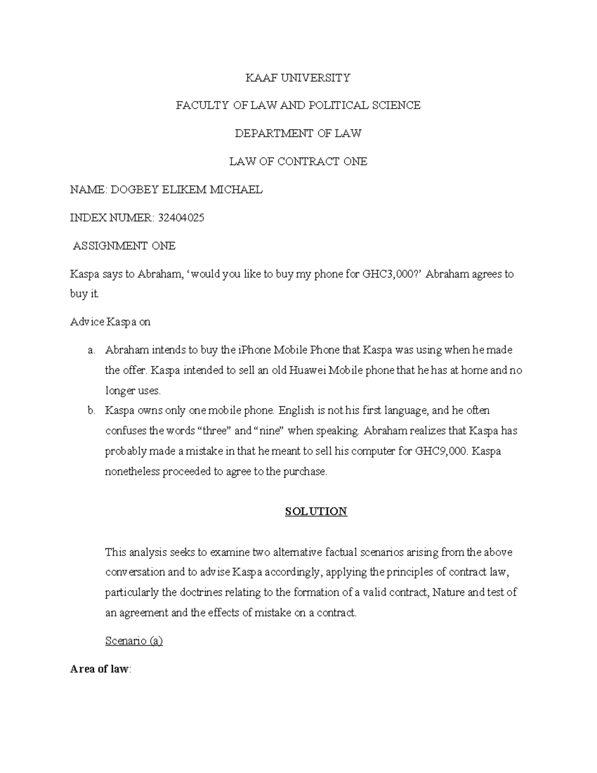 Law of Contract 101: Assignment on Mistake in Agreements - Studocu