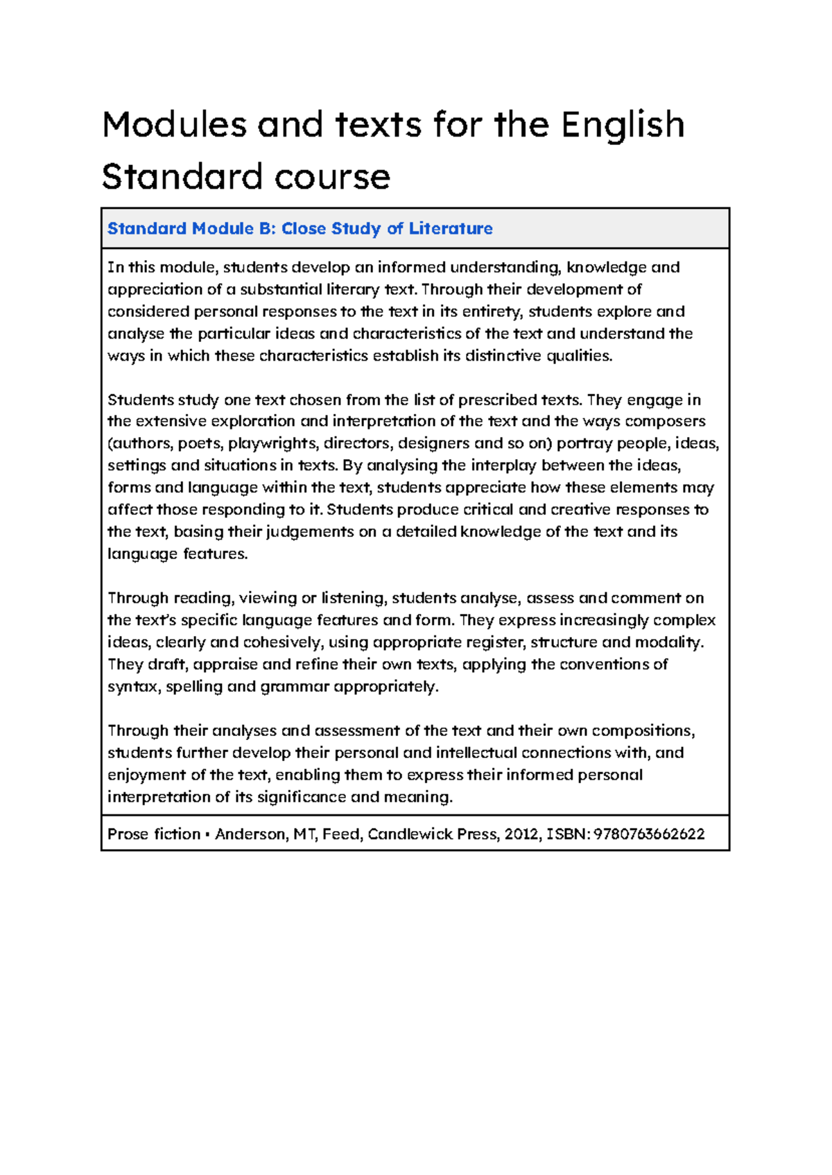 ENG Standard Course: Module B - Close Study of Literature - Studocu