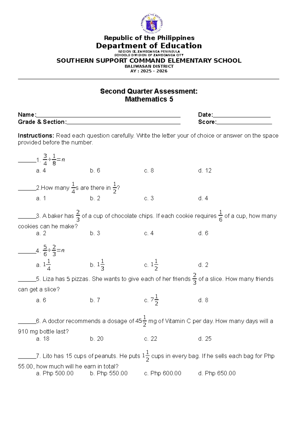 Mathematics 5 Q2 Periodic Test - Philippines Department of Education ...