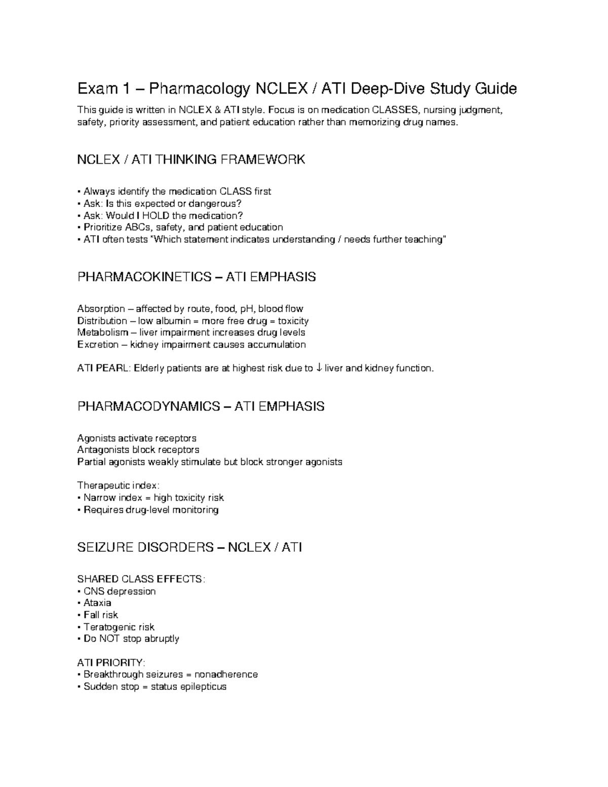 Exam 1 Pharmacology NCLEX ATI Study Guide: Key Concepts & Safety - Studocu