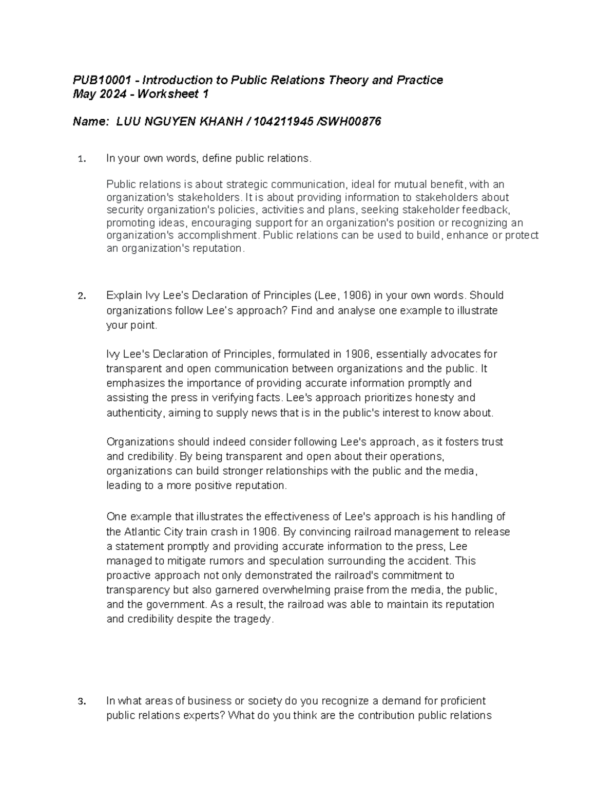 PUB10001 - Worksheet 1: Understanding PR Principles and Practices - Studocu