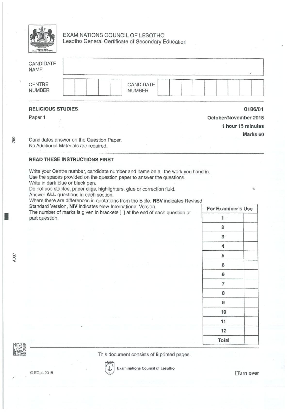 Religious Studies Paper 1 (ECoL 0186) Exam Questions & Guidelines 2018 ...