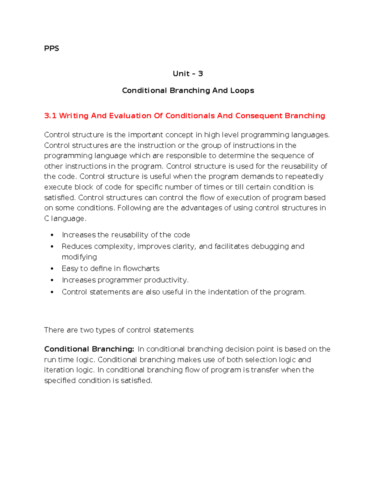 PPS 3 - Control Structures: Conditional Branching & Loops in C - Studocu