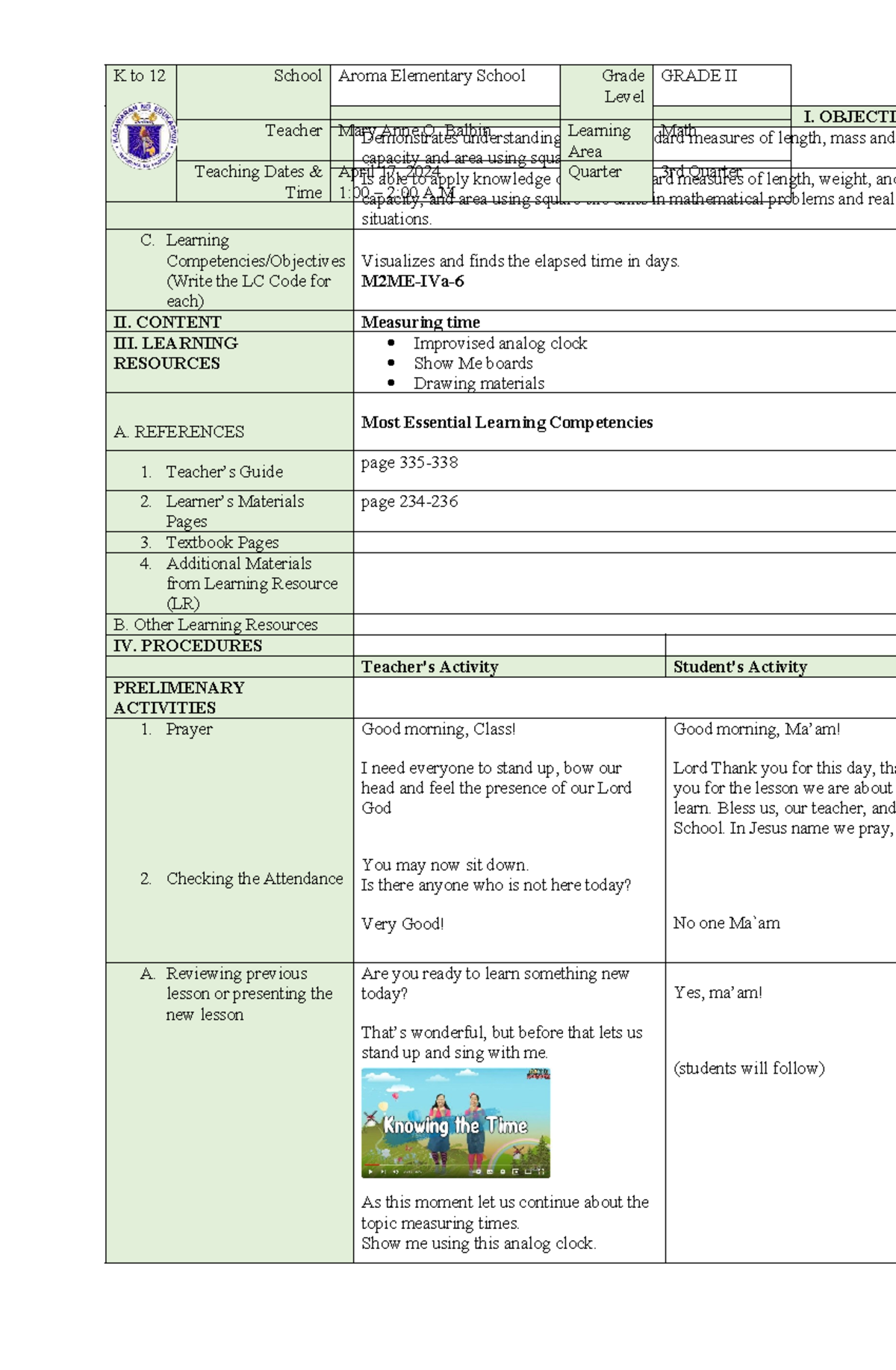 MATH DLP - Grade II Lesson on Measuring Time and Elapsed Time - Studocu