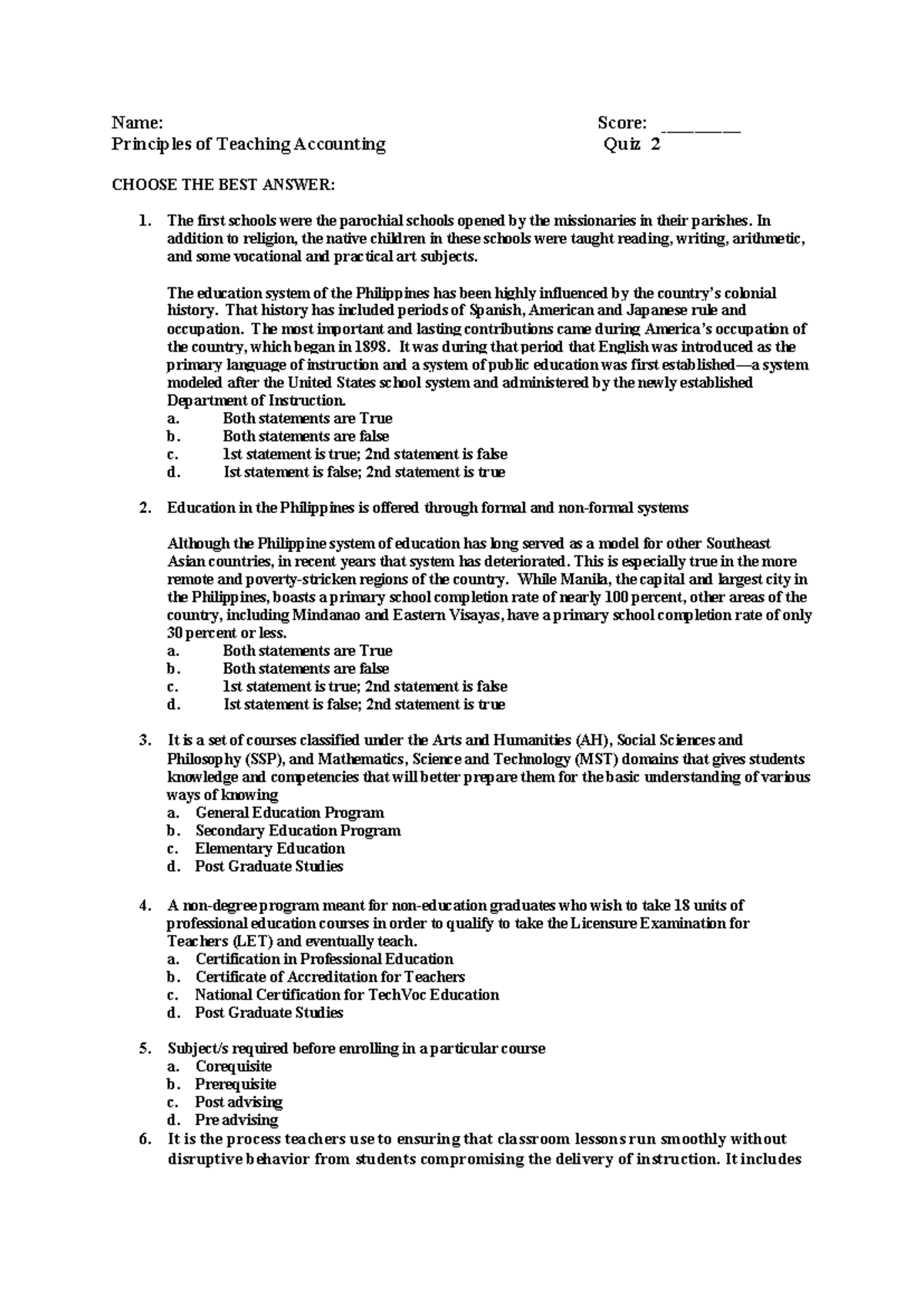 Teaching Accounting Quiz 2: Key Concepts and Historical Context - Studocu