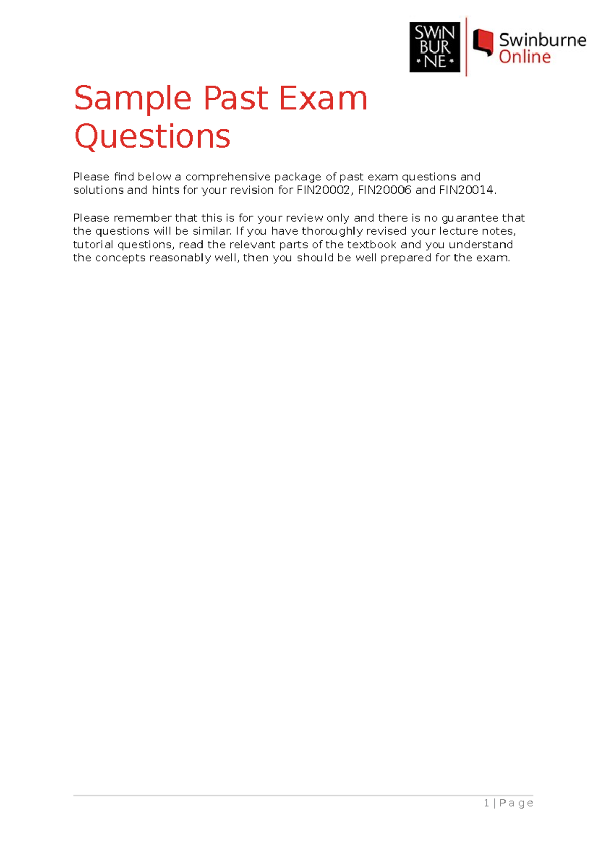 FIN20002, FIN20006, FIN20014: Sample Past Exam Questions & Answers ...