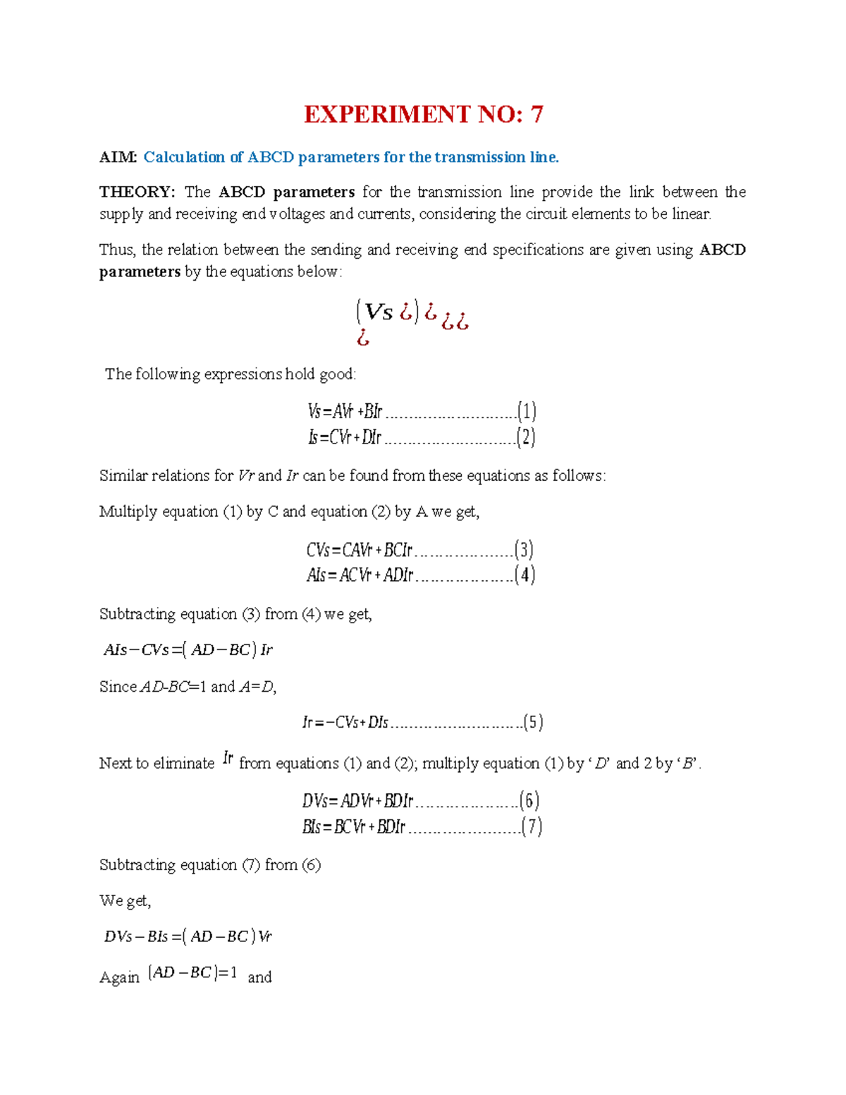 PS I Experiment No. 7: Calculation of ABCD Parameters for Transmission ...
