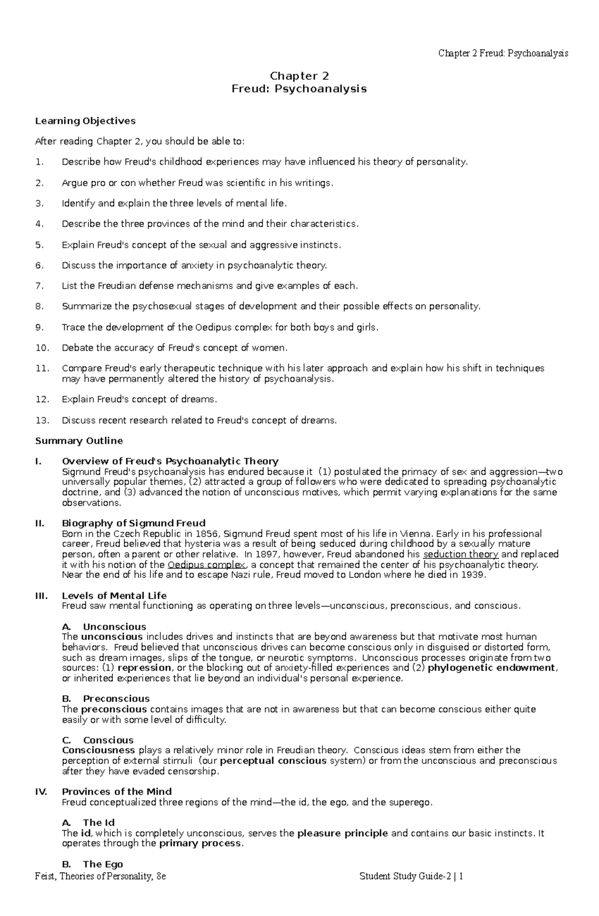 Feist 8e SG: Freud's Psychoanalysis - Chapter 2 Study Guide - Studocu