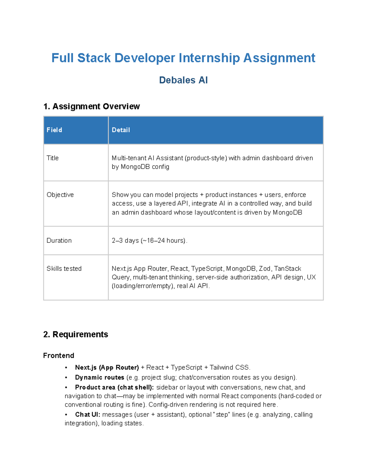 Full Stack Developer Internship Assignment: AI Assistant Project - Studocu