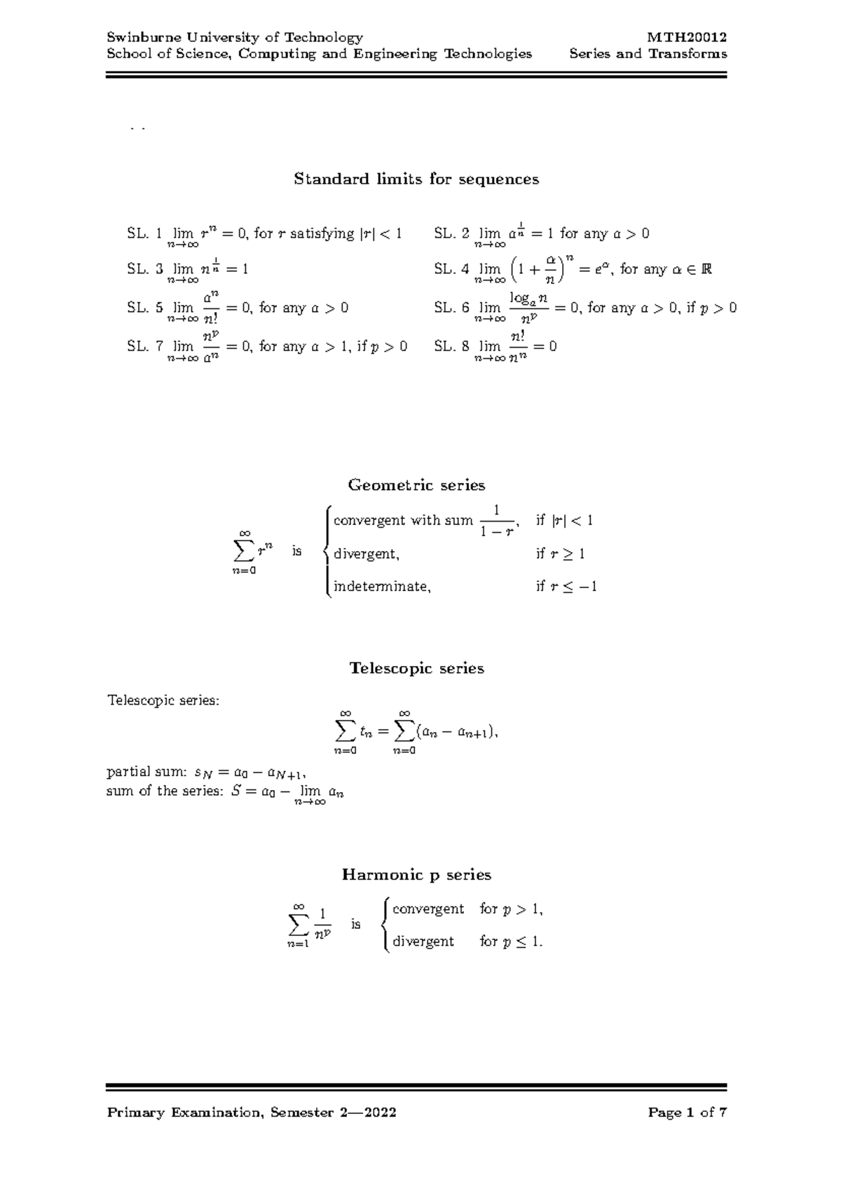 MTH2001 Formula Sheet: Series, Transforms, and Limits Overview - Studocu
