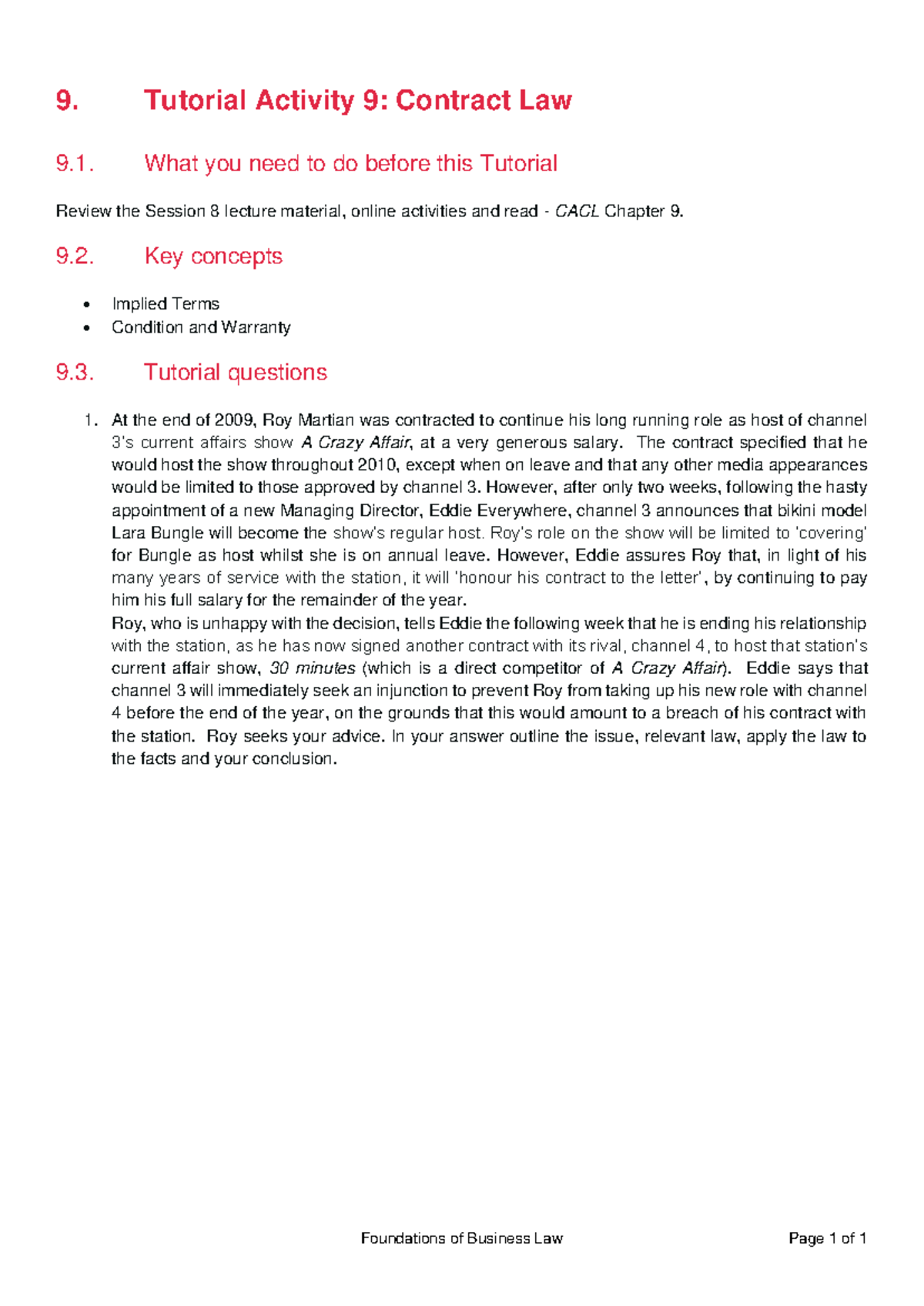 BSL165 Tutorial 9: Contract Law - Key Concepts & Case Analysis - Studocu