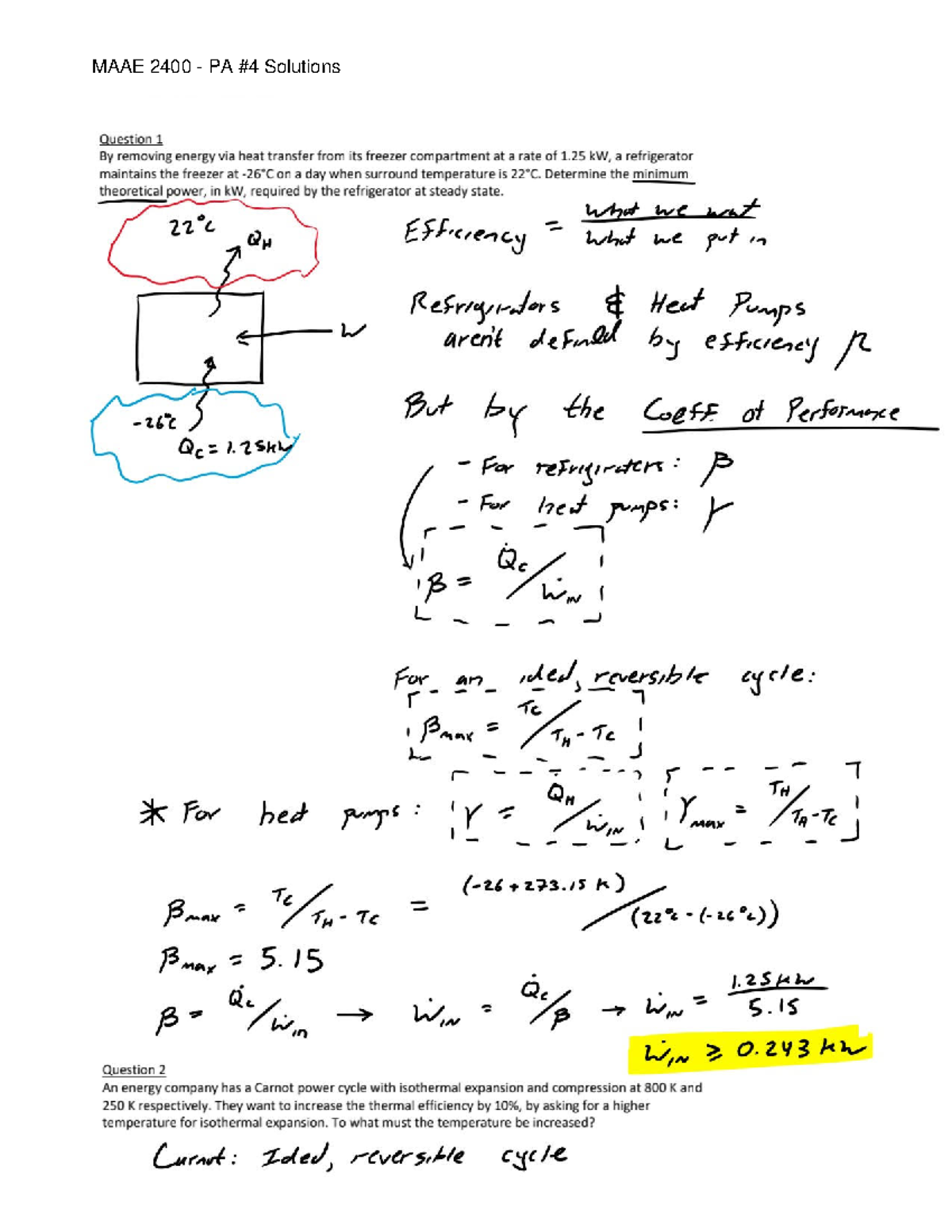 MAAE 2400 PA4 Solutions: Carnot Cycle & Gas Turbine Analysis - Studocu