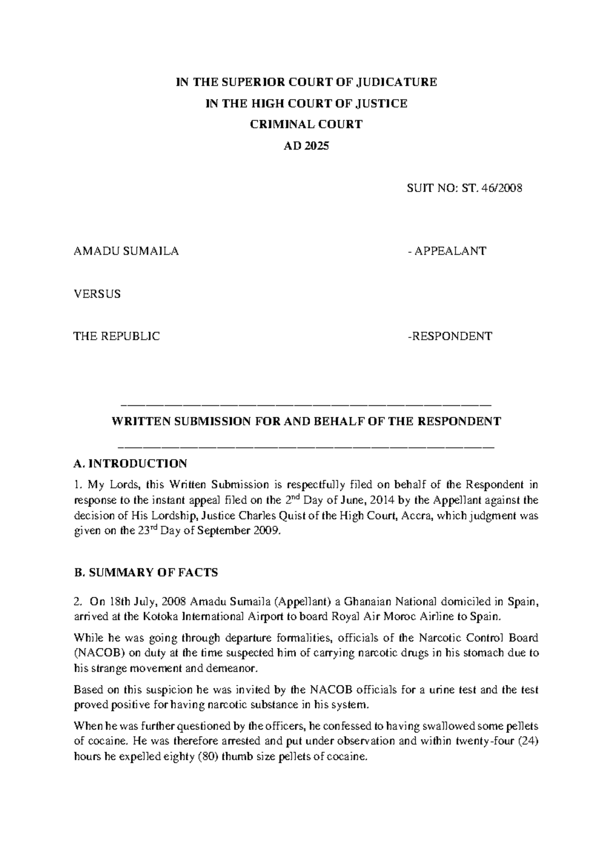 Amadu Sumaila v. The Republic: Written Submission for Respondent - Studocu