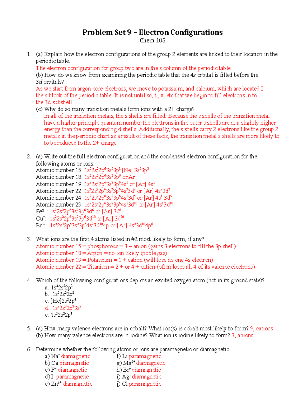 CHEM 105 Problem Set 9 - Problem Set 9 – Electron Configurations Chem ...