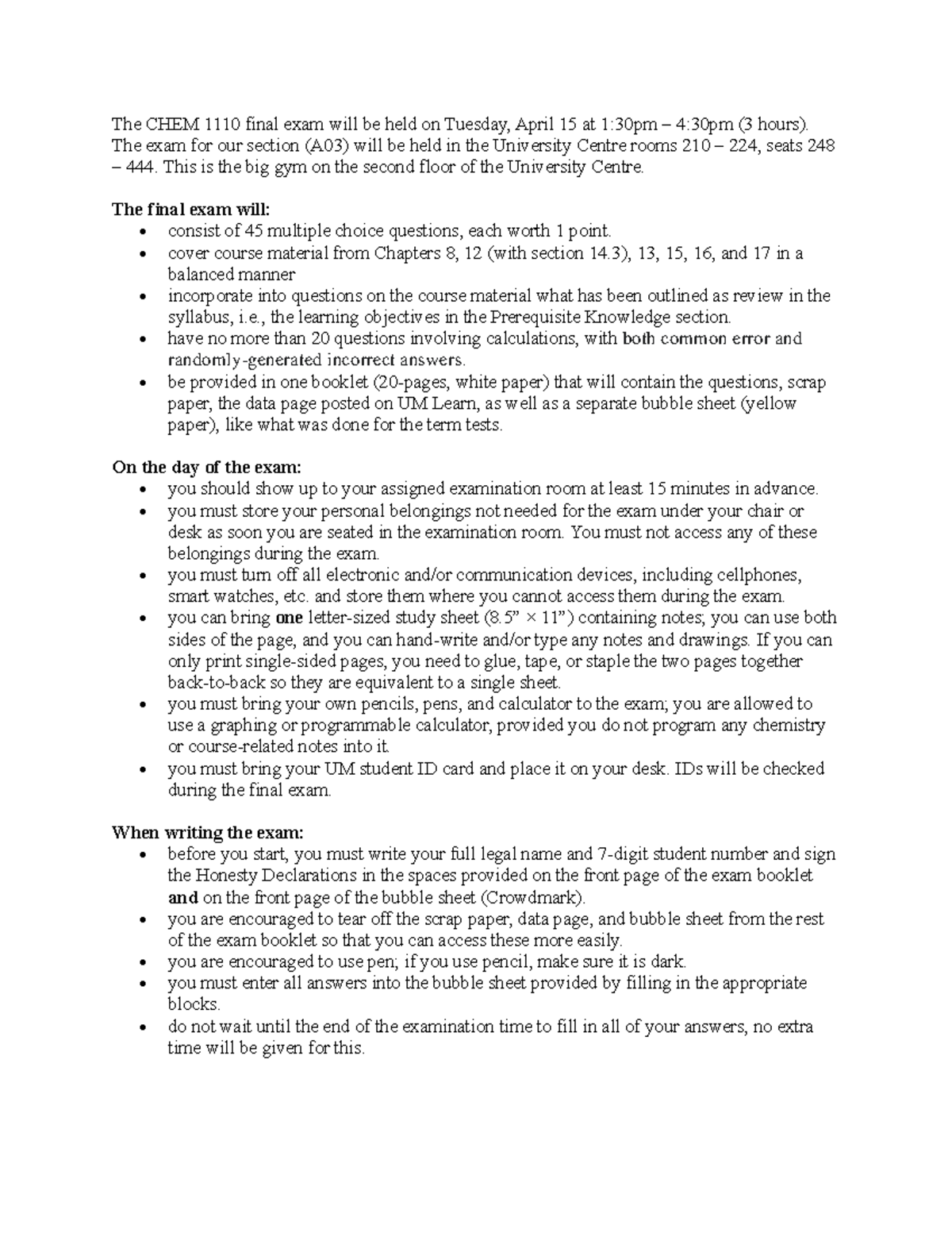 Chem 1110 final exam information and guidelines - Studocu