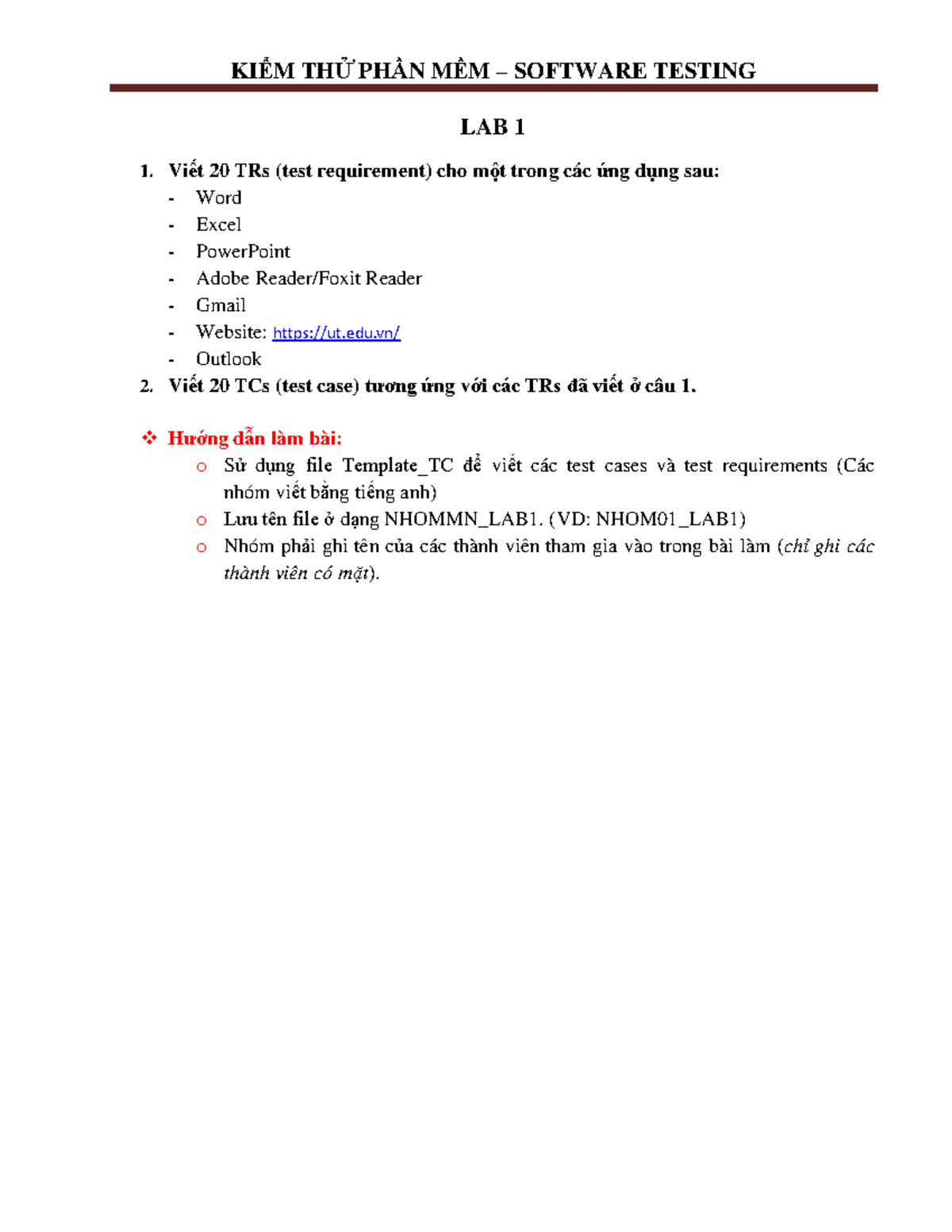Lab1 - LAB1 - KIỂM THỬ PHẦN MỀM – SOFTWARE TESTING LAB 1 Viết 2 0 TRs ...