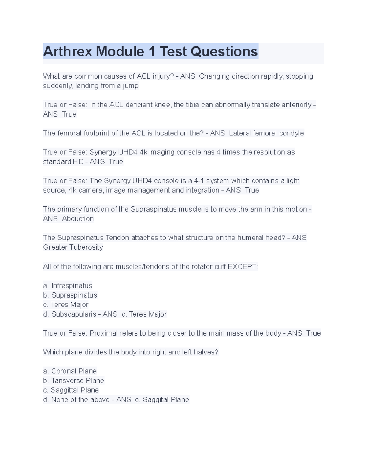 Arthrex Module 1 Test Qs: ACL Injuries, Rotator Cuff & Ankle Joint ...