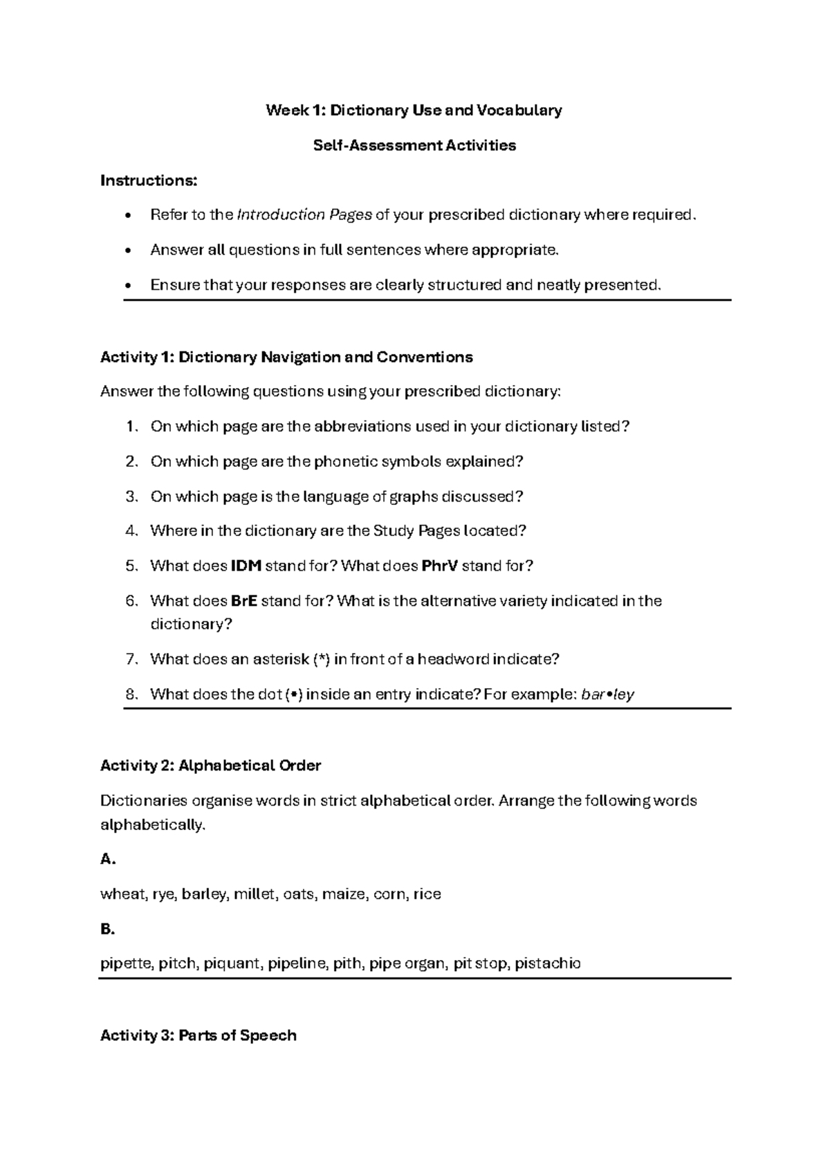 Week 1: Dictionary Use & Vocabulary Self-Assessment Activities - Studocu