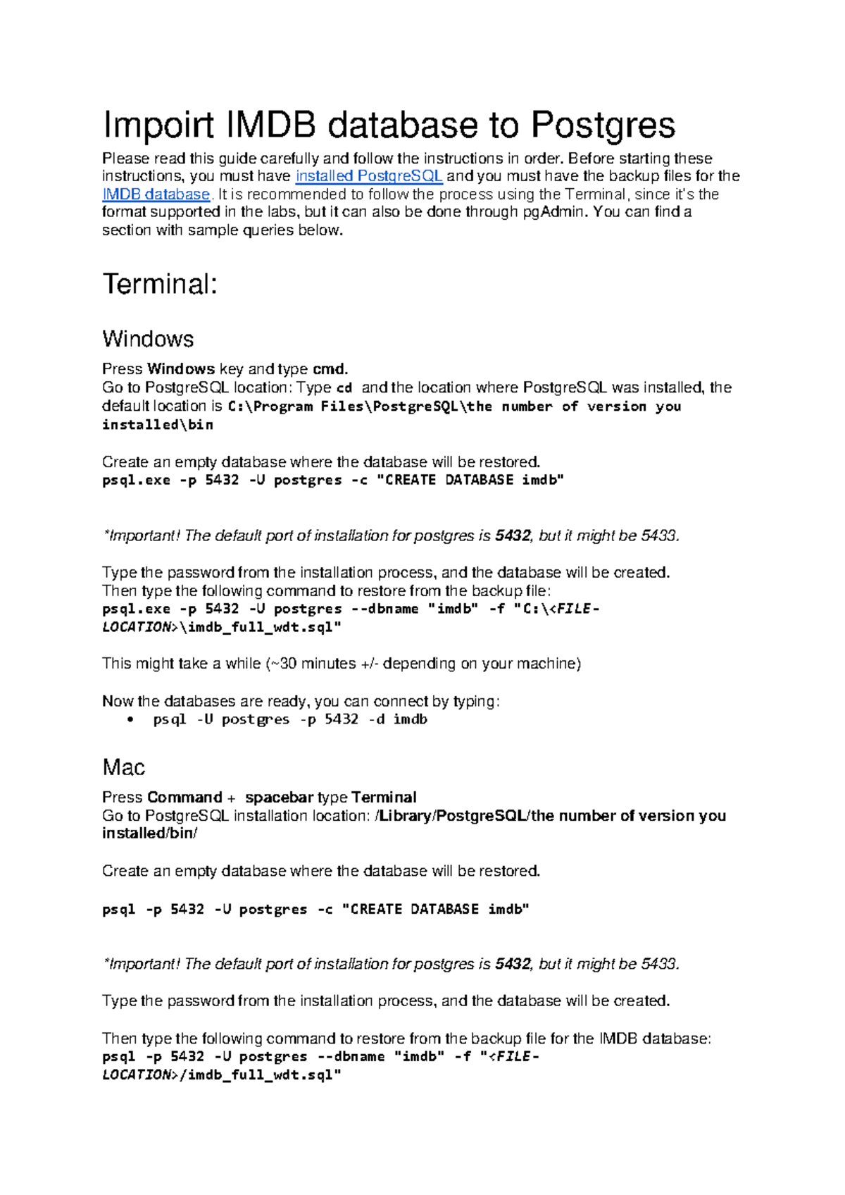 IMDBimport Guide: Restoring Database to Postgres Step-by-Step - Studeersnel