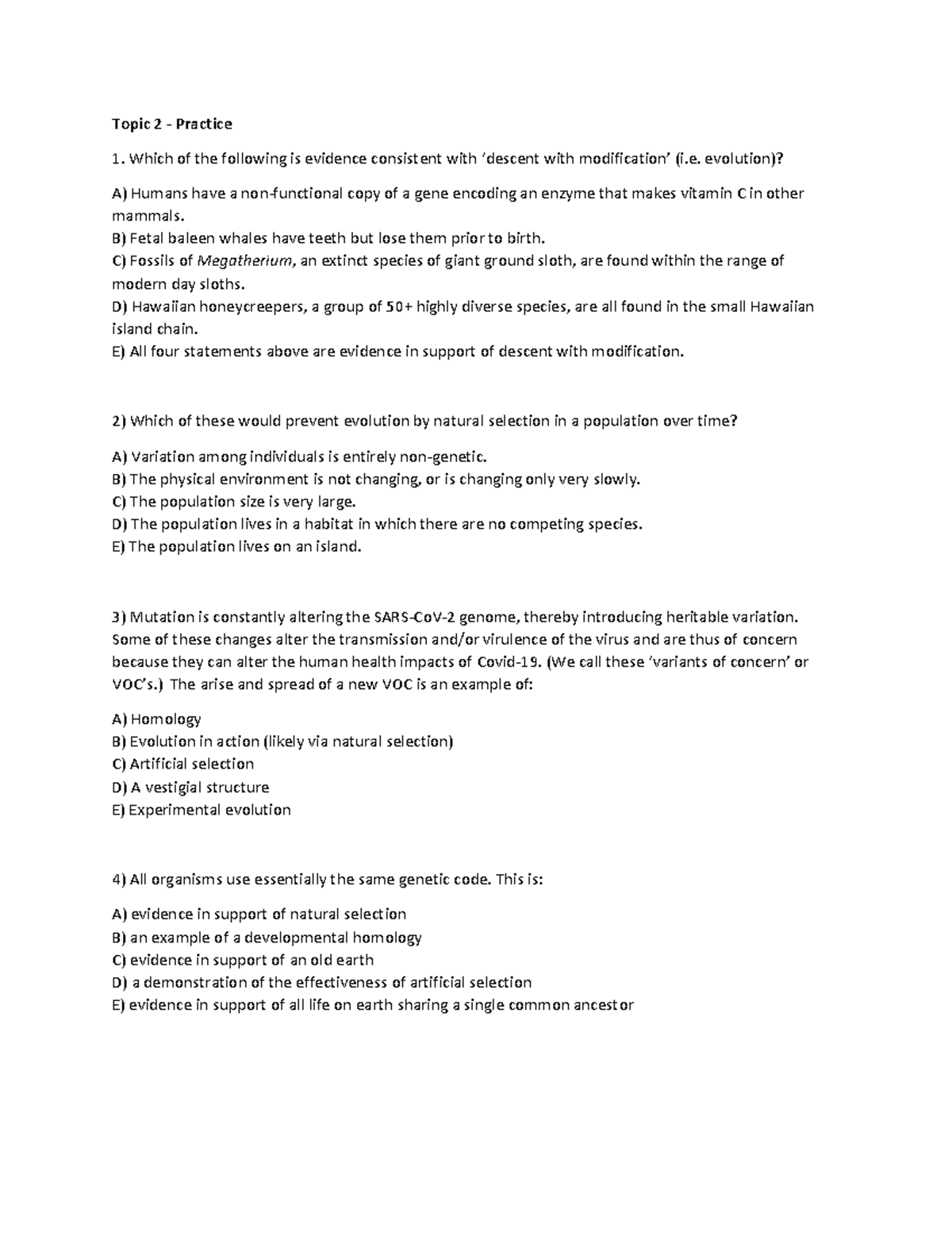Topic 2 Practice: Evidence for Evolution and Natural Selection - Studocu