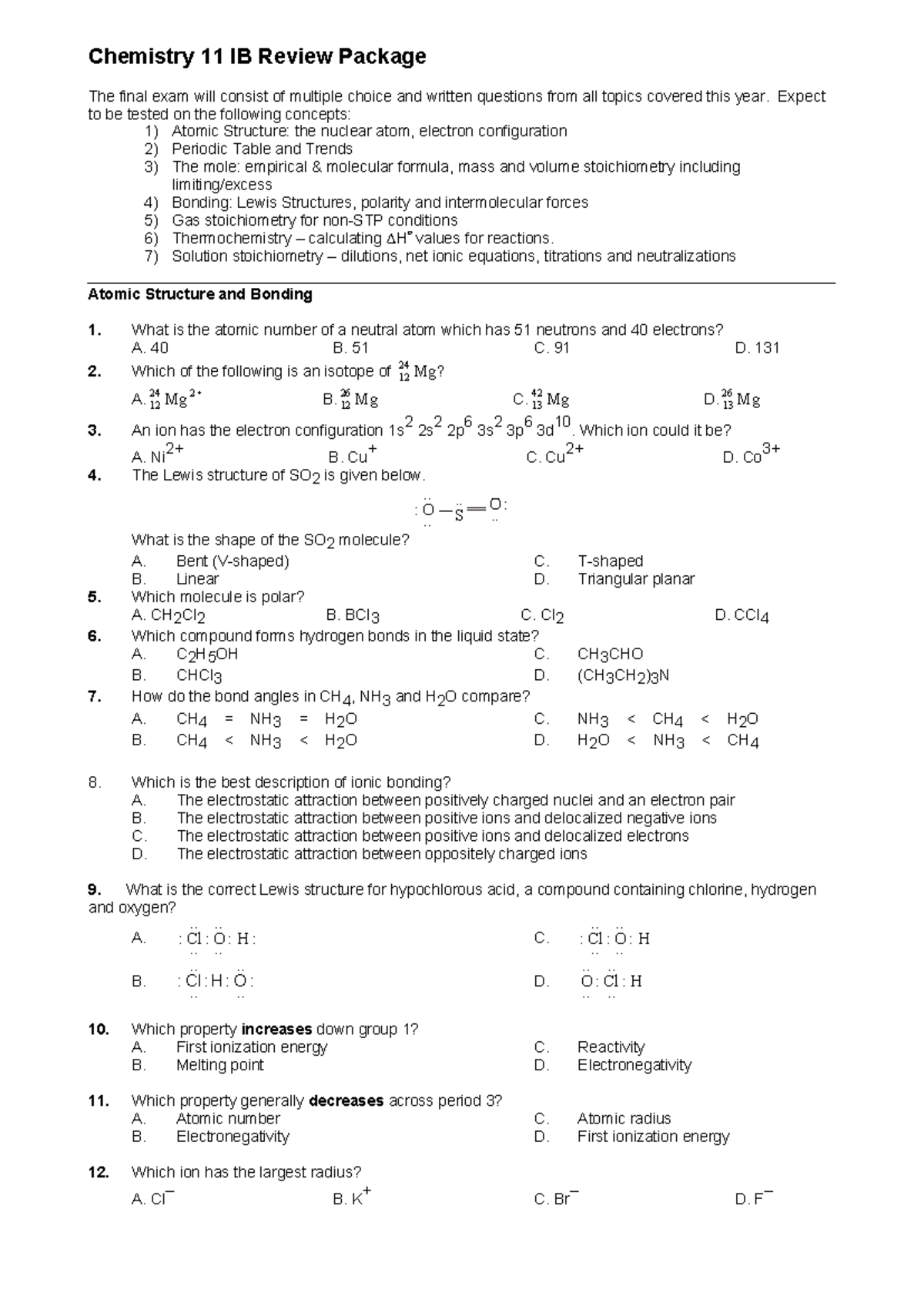 Chemistry 11 IB Final Exam Review Package 2024 - Studocu