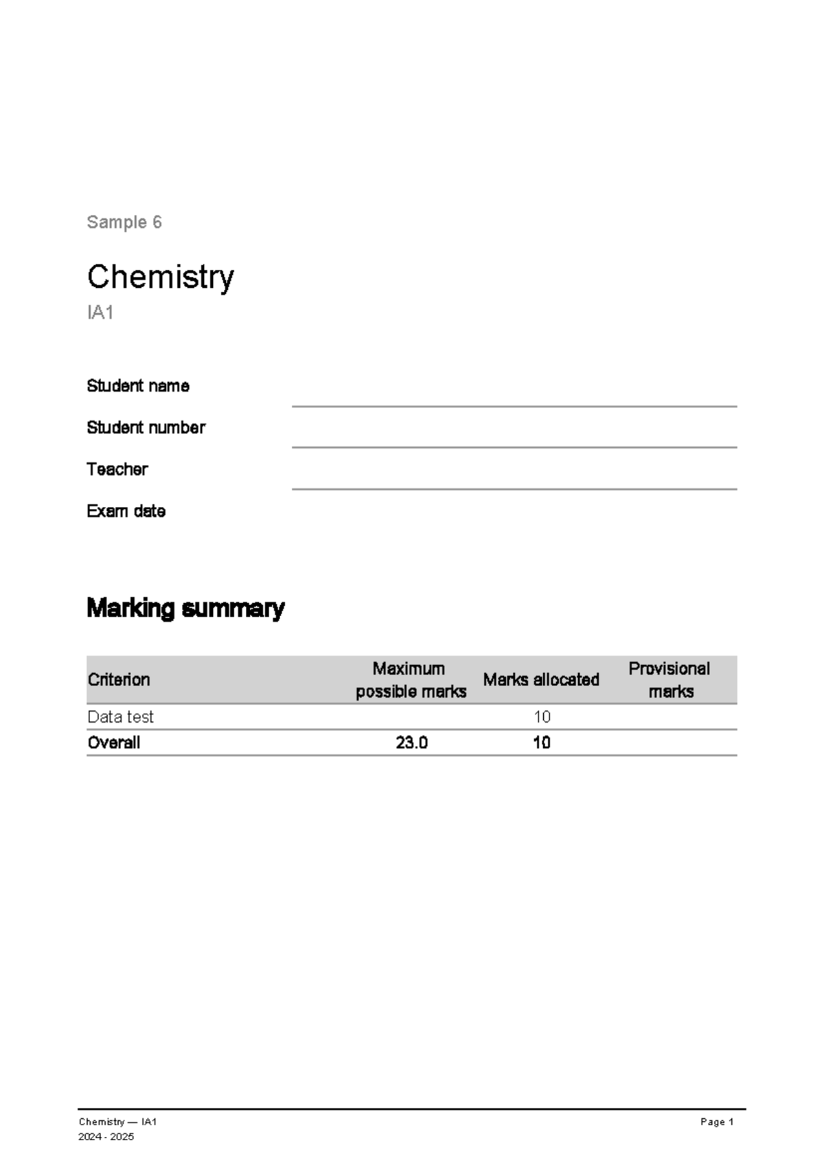 Chemistry IA1 Data Test 2025: Marking Summary & Questions - Studocu