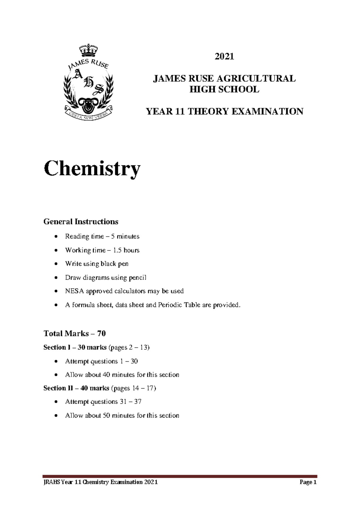 2021 JRAHS Year 11 Chemistry Theory Examination Paper 1 - Studocu