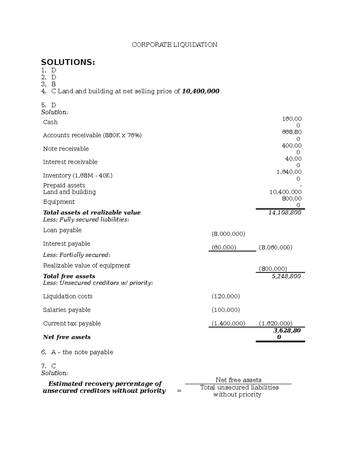 Corporate Liquidation Solutions - Detailed Answers and Analysis - Studocu