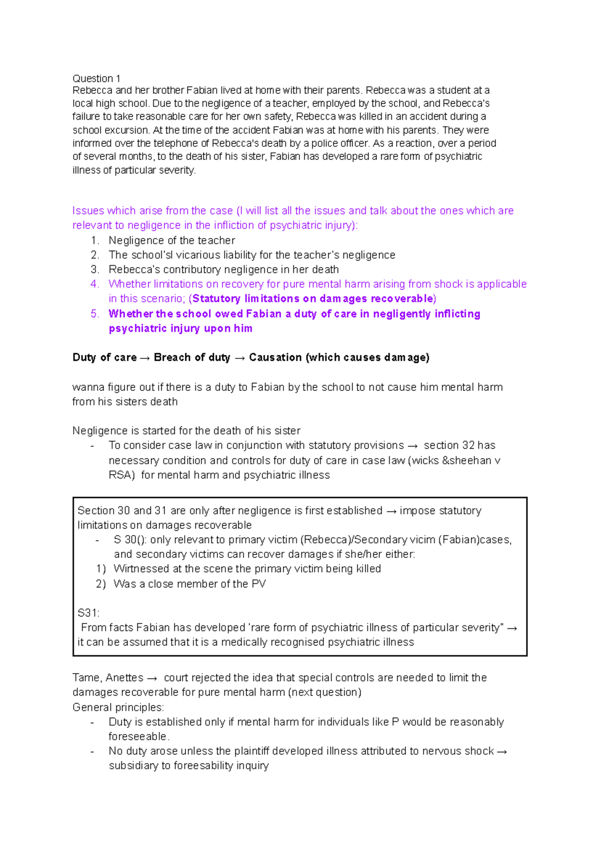 on call notes for negligently inflicted psychiatric injury - Question 1 ...